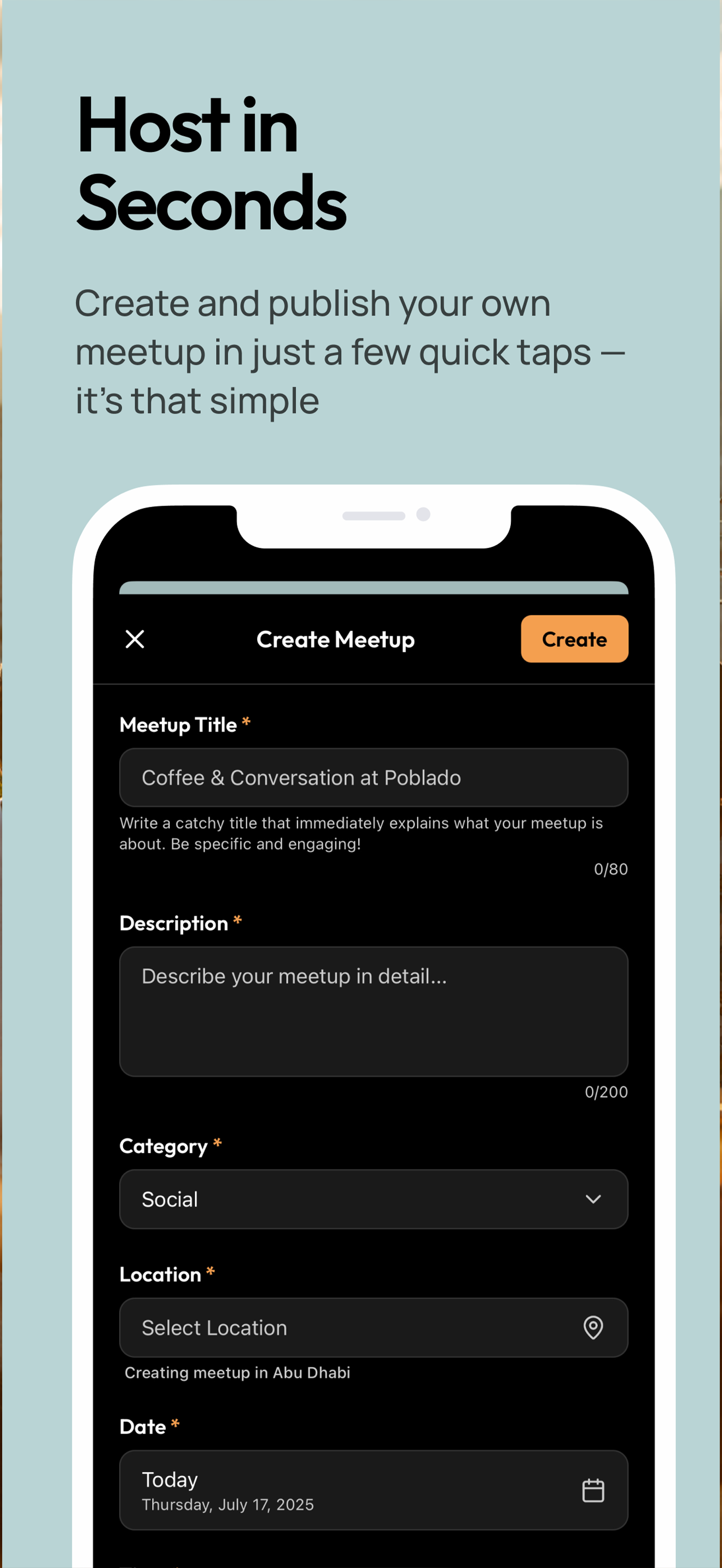 Host in Seconds - Create and publish your own meetup in just a few quick taps
